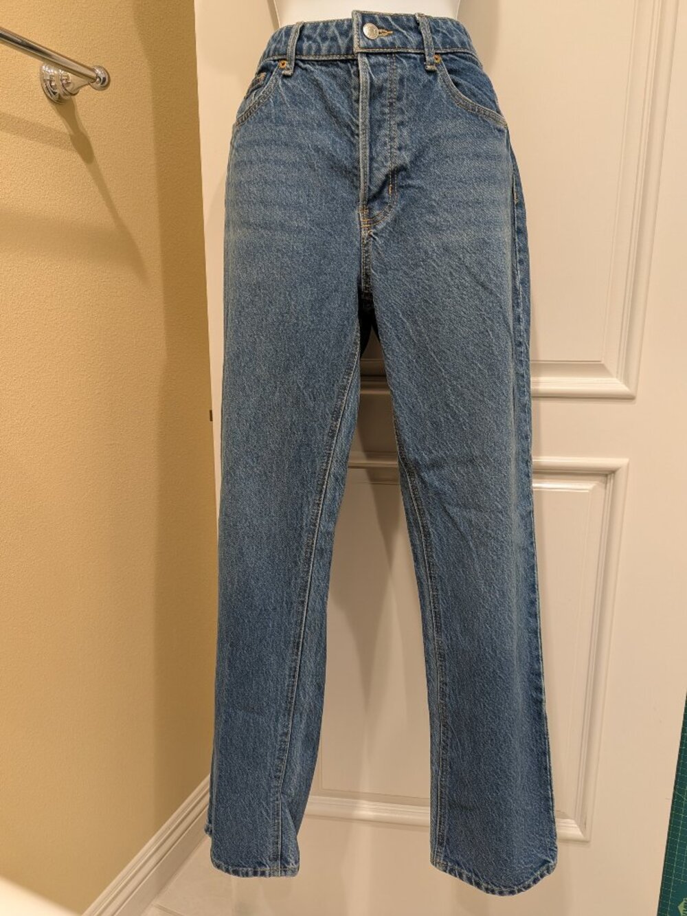 HM Medium Blue High Rise Waisted Straight Leg Jeans Denim Button Fly